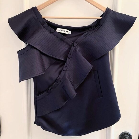 Self-Portrait Satin Off The Shoulder Ruffle Blouse in Navy, size 2 - Picture 5 of 8